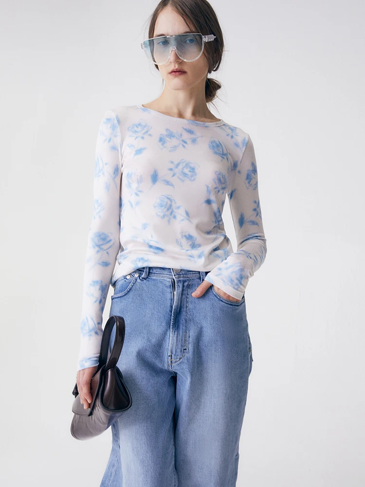 

Spring Summer Hand-Painted Long Sve T-irt Knitted Acetate Floral Print Commute Sle round Ne ort Length Women's Top