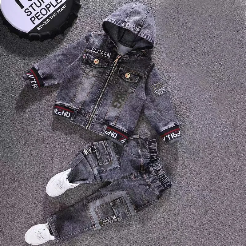 2024 Girl Spring Autumn Children Boy 2PCS Clothing Set Cotton Hoodied Denim Coat +Solid Jeans Pants Baby Boys Outfits