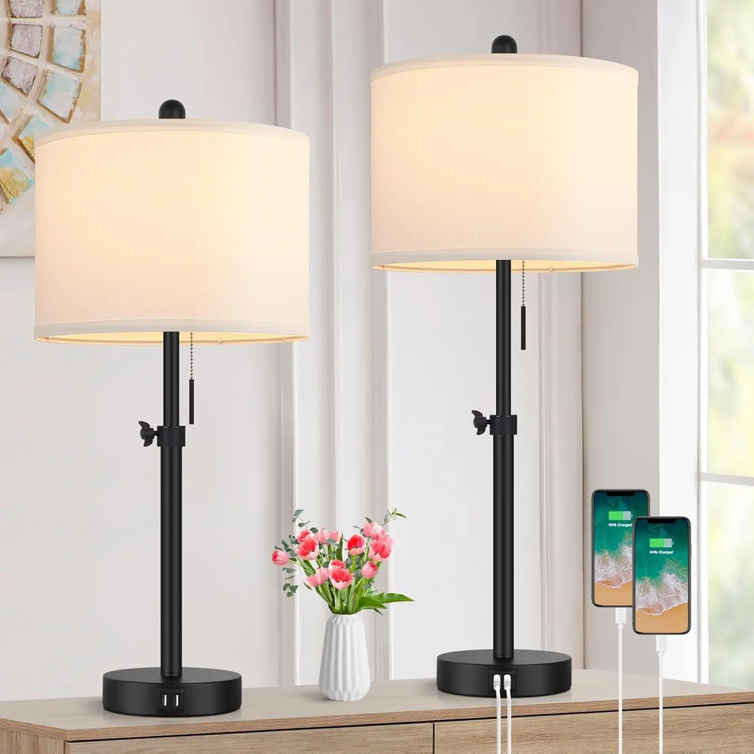 

Set of 2 Adjustable Height Bedside Lamps with USB Ports, Black Base and White Shade for Modern Home Decor