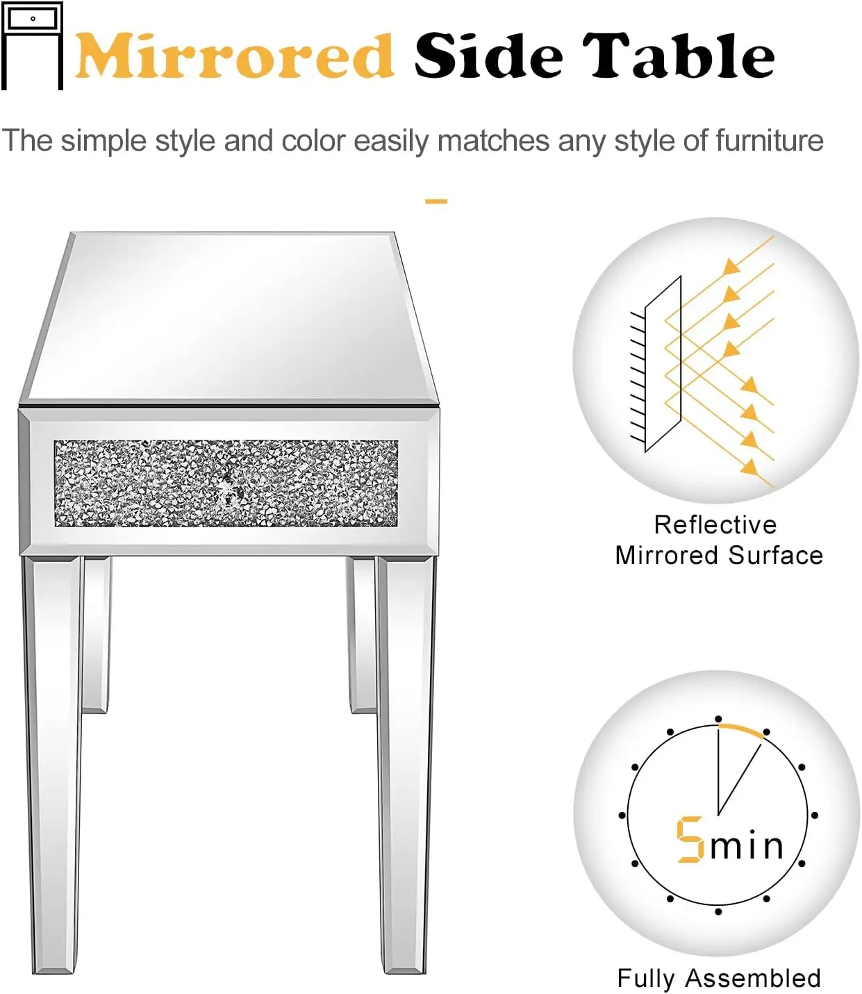 Table de chevet étroite avec miroir, table d'appoint en verre MELGlass, ensemble de 2