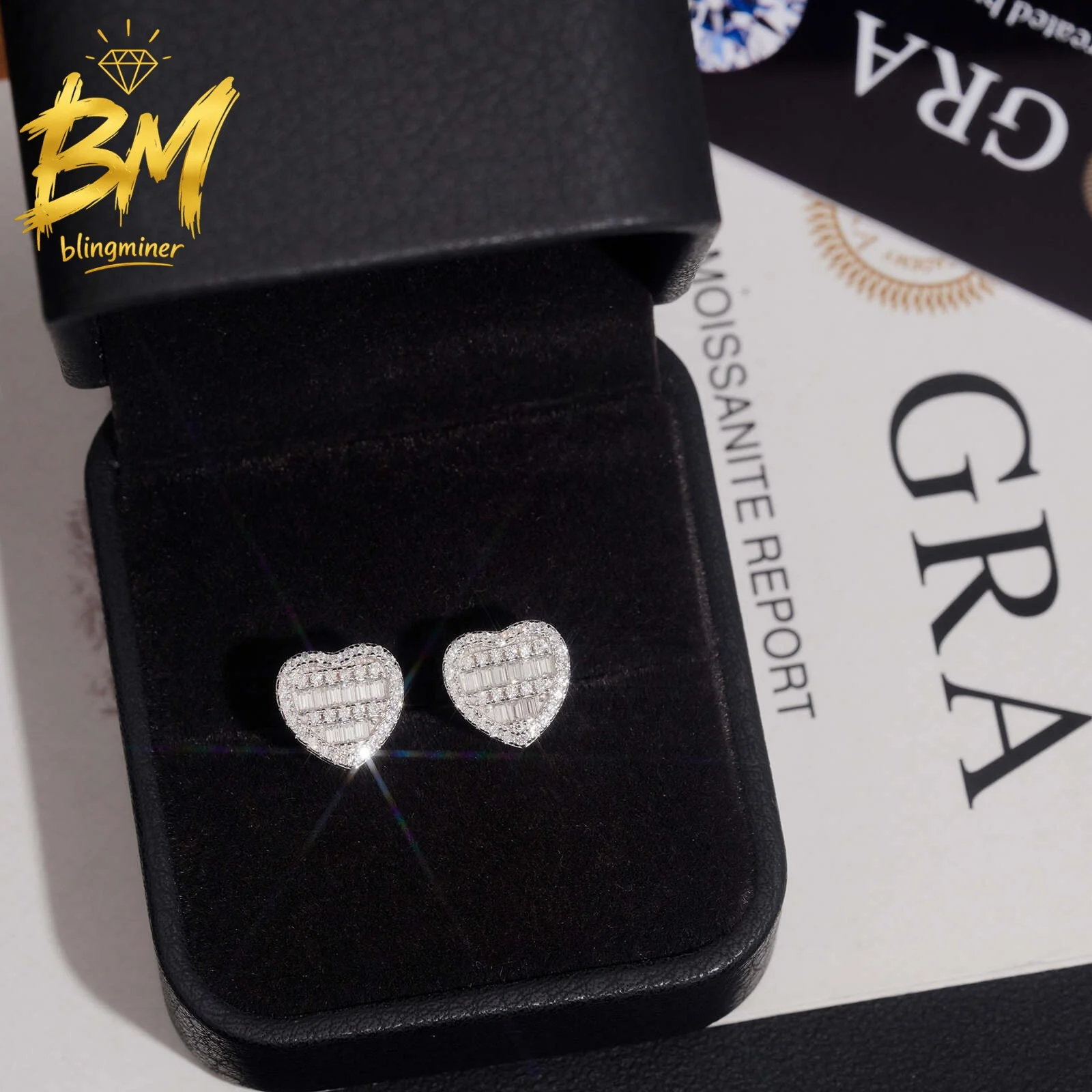 Blingminer Luxury Baguette Heart VVS Moissanite Earrings For Men Women S925 Silver Ear Studs Jewelry Pass Diamonds Tester GRA