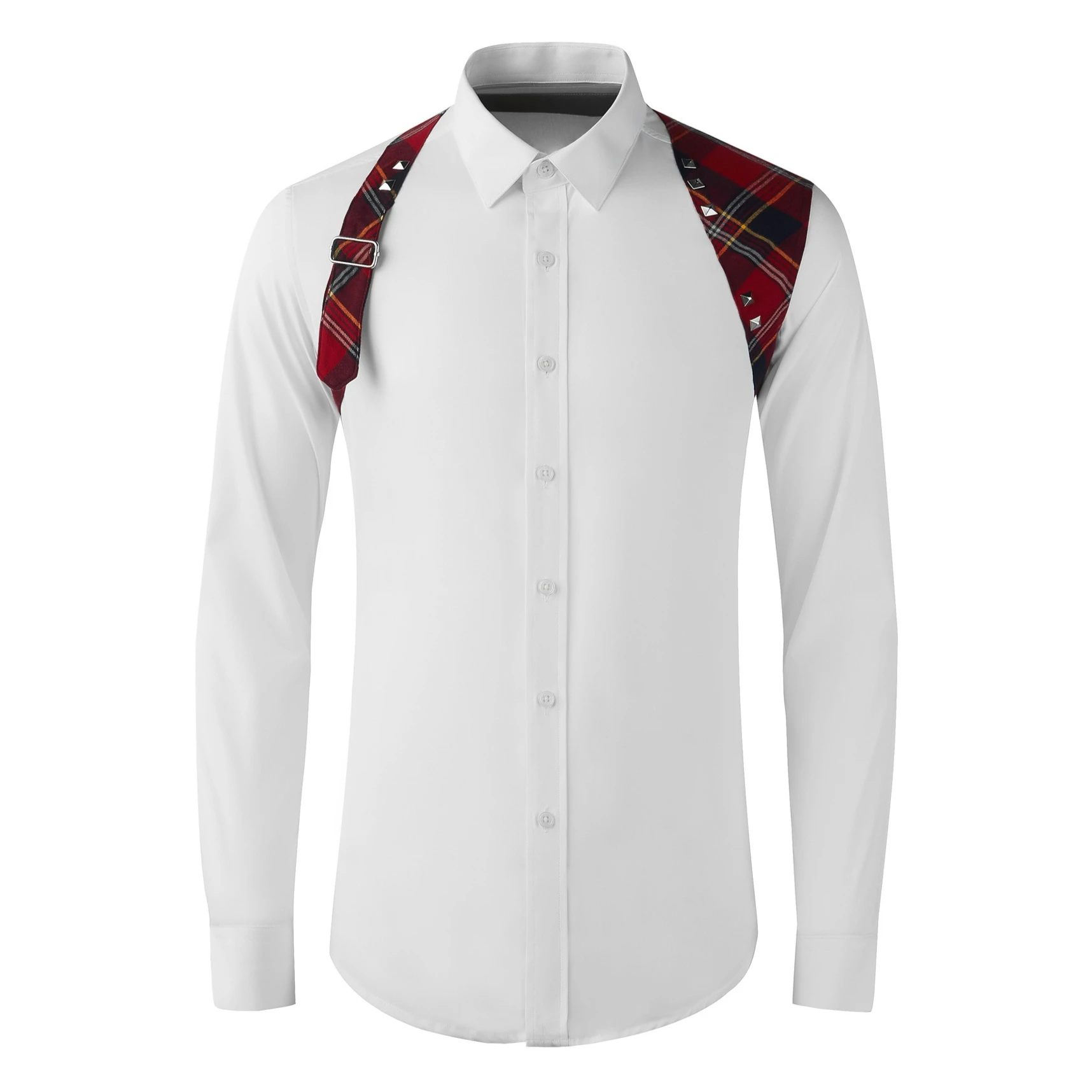Hot Selling Shoulder Strap Plaid Splicing Men's Long Sleeve Shirt Rivet Decoration Casual Business Shirt Social Party Streetwear
