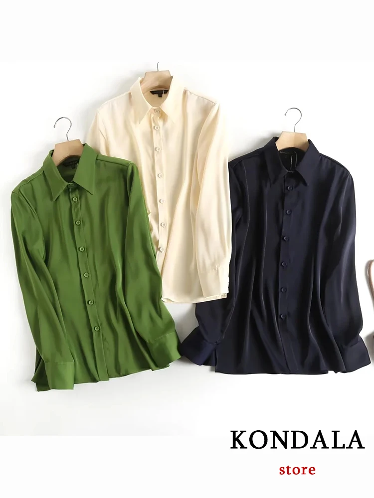

KONDALA Vintage Solid Green Oversized Women Shirts Fashion 2023 Office Lady Long Sleeve Luxury Casual Luxury Button Chic Blouse