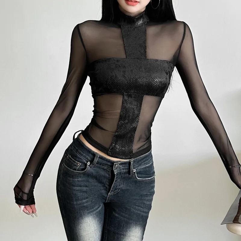 Y2k Aesthetic Crucifix Patchwork Gauze Shirts Streetwear Sexy Gothic Crop Tees Femme Harajuku Grunge See Through Women's T-shirt