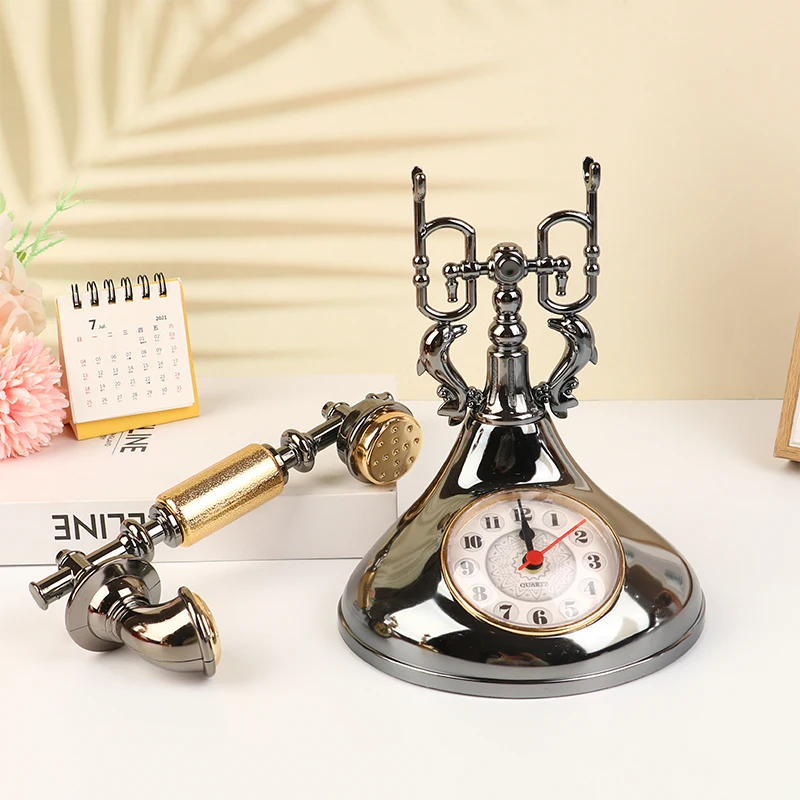 1pc For Home Room Bedside Table Decoration Retro Alarm Clock Telephone Model Creative Timekeeper Desktop Ornament