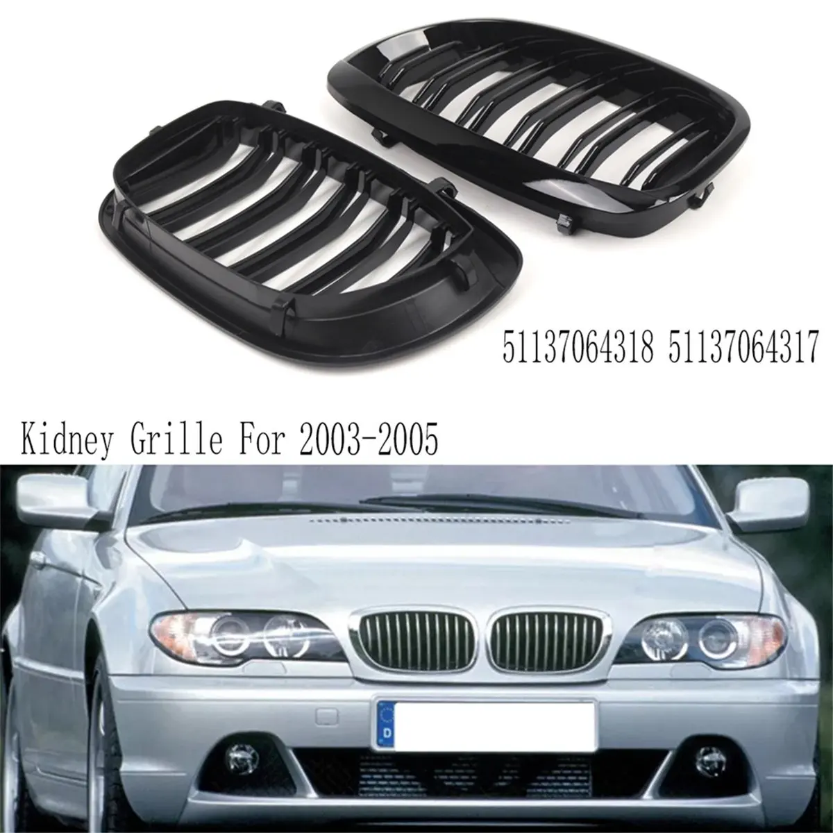 Super Sale Gloss Black Dual Line Front Bumper Kidney Grille Replacement for BMW 3 Series E46 2-Door 2003-2005