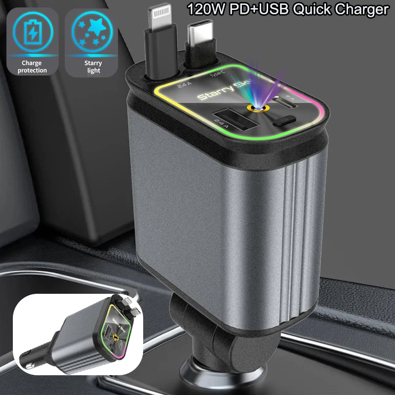 

Upgraded 120W PD+USB Quick Charger with 2 Retractable Cable Fast Charging Car Phone Charge with Ambient light 4in1 Power Adapter