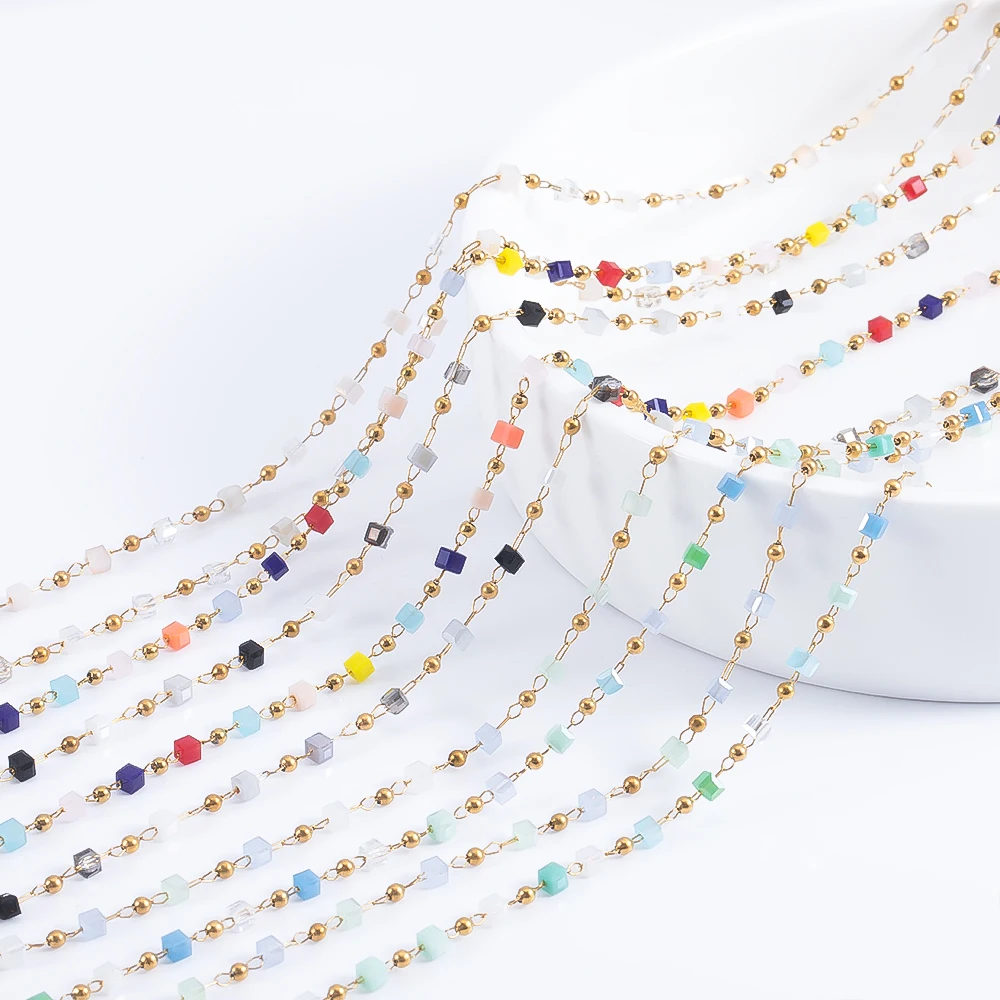 

0.5/1M Stainless Steel Beaded And Stone Spacer Chain For DIY Bracelet Necklace Tassel Chain Jewelry Supplies Accessory Materials