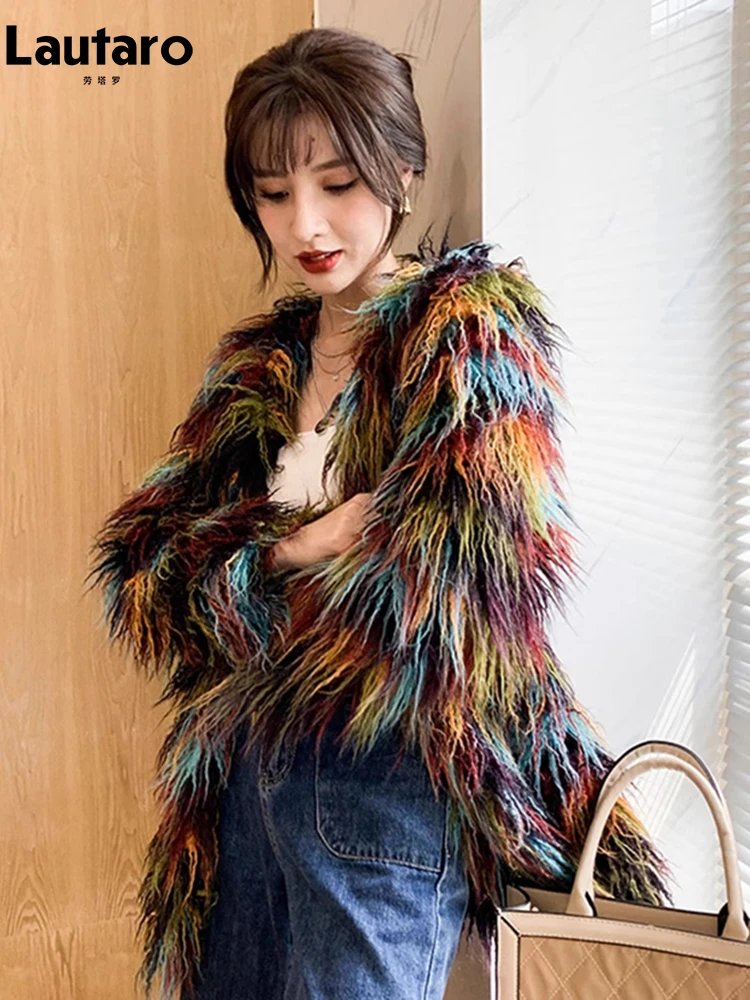 Lautaro Autumn Winter Colorful Soft Thick Warm Hairy Shaggy Faux Fur Coat Women Long Sleeve O Neck Luxury Fluffy Jacket 2023