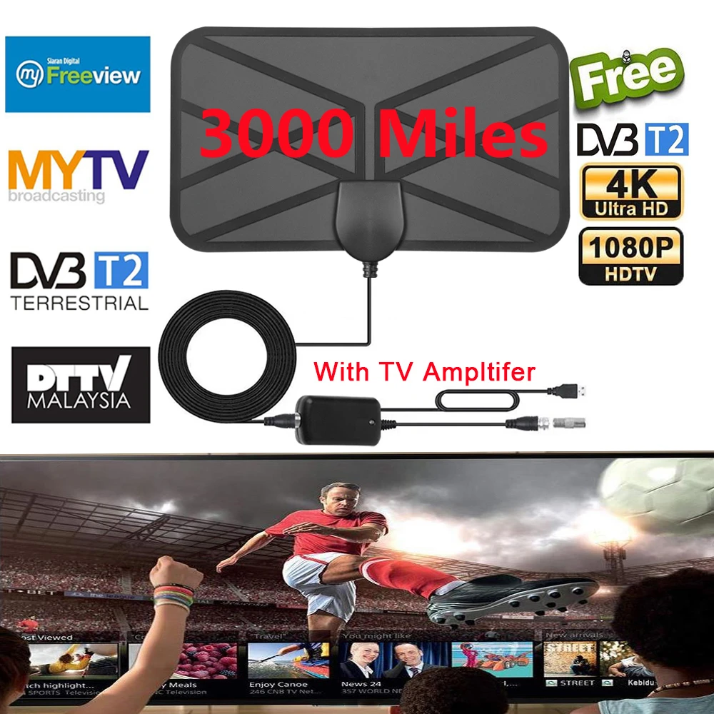 Antena de TV Digital de alta ganancia, amplificador de 3000 millas, 4K, 8K, 25dB, HD, para interior activo, diseño plano HD para DVB-T2