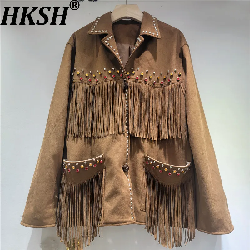 

HKSH Spring Autumn New Women Jacket Faux Suede Tassel Studded Colorful Diamonds Rivet American Retro Streetwear Ins Coat HK13760