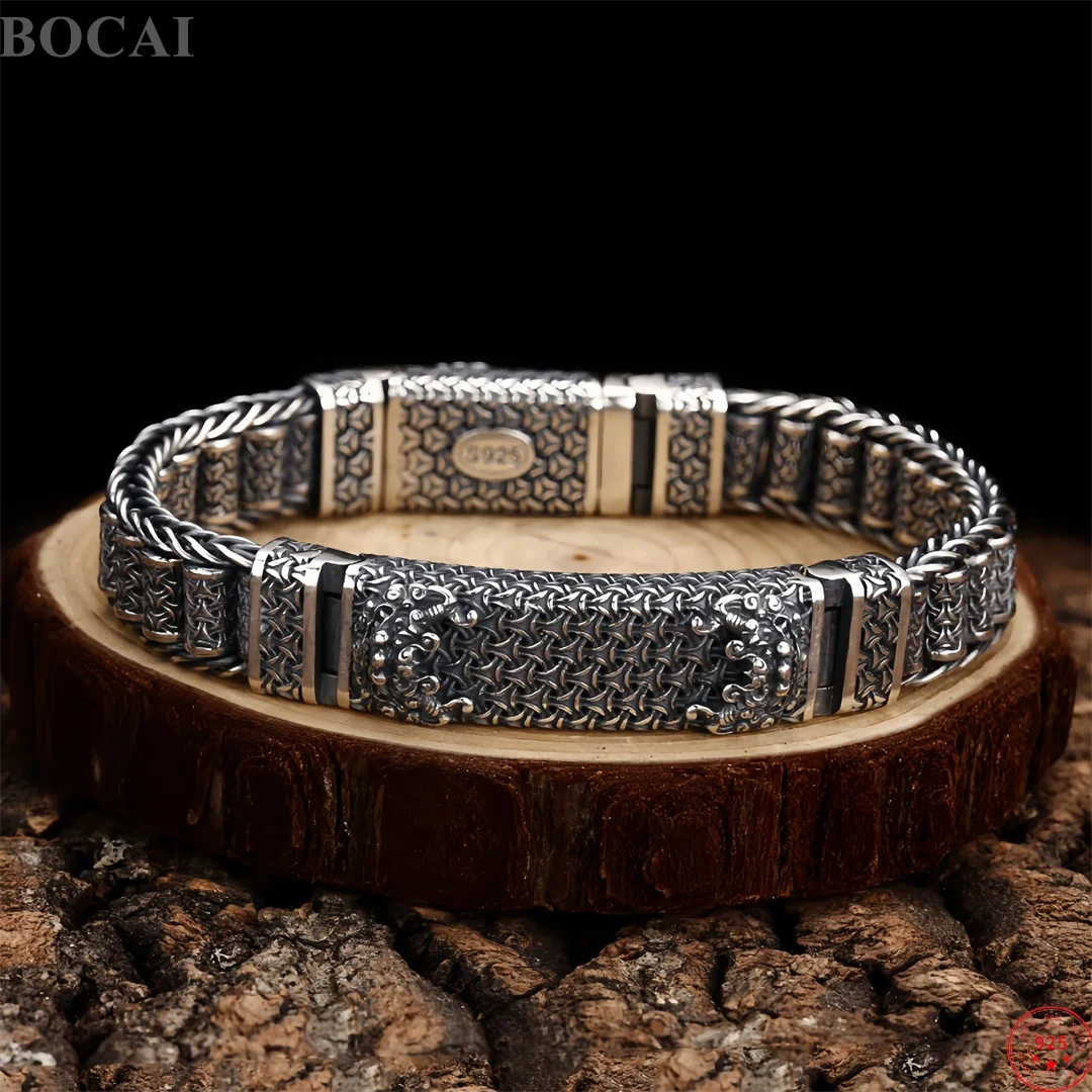 BOCAI New S925 Sterling Silver Charms Bangle for Men Antique Pangolin Scale Pattern Prayer Wheel Bracelet Fine Choice Jewelry