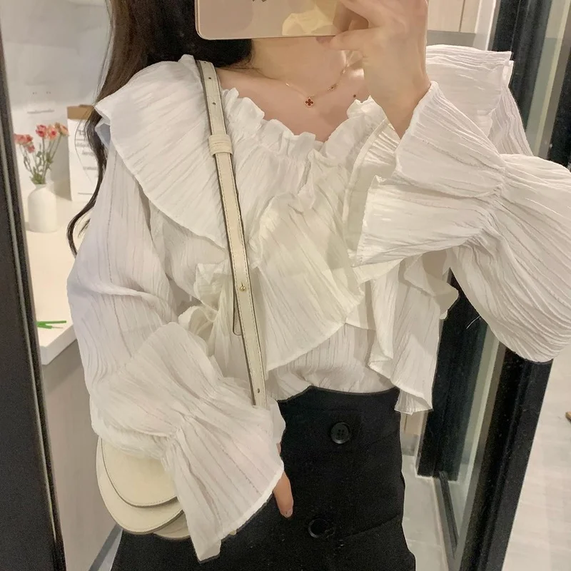 Blouses Woman Elegant Office Ladies All-match Solid Folds Butterfly-sleeve Sweet Casual Summer V-neck Korean Style Ins Design