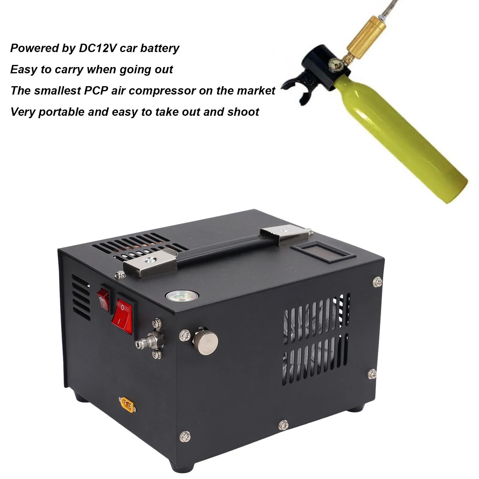 Compressore d'aria Costruito in 12500 giri/min Ventola di raffreddamento Pompa ad alta pressione 12V Olio Senza acqua Pistola portatile Serbatoio Paintball Compressore d'aria