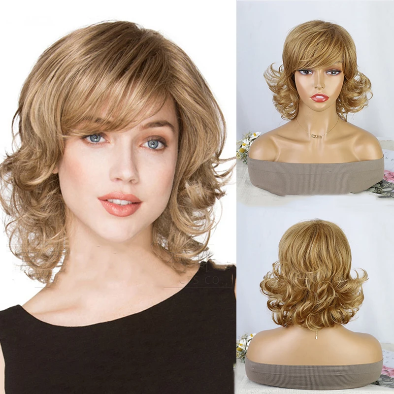 Perruque Synthétique Courte Bouclée Blonde Ombré avec Frange pour Femme, Coupe Pixie, Degré de Chaleur, Style Naturel, Faux Cheveux