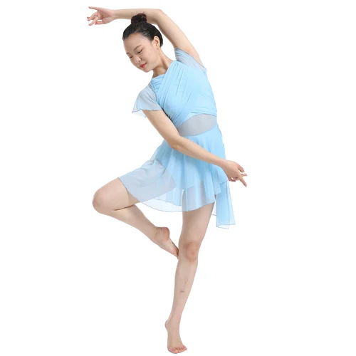 Imagen 2 del producto Vestido de danza moderna lírico para mujer, traje de danza contemporánea con falda de malla y mangas aleteadas, espalda hueca en forma de gota de agua