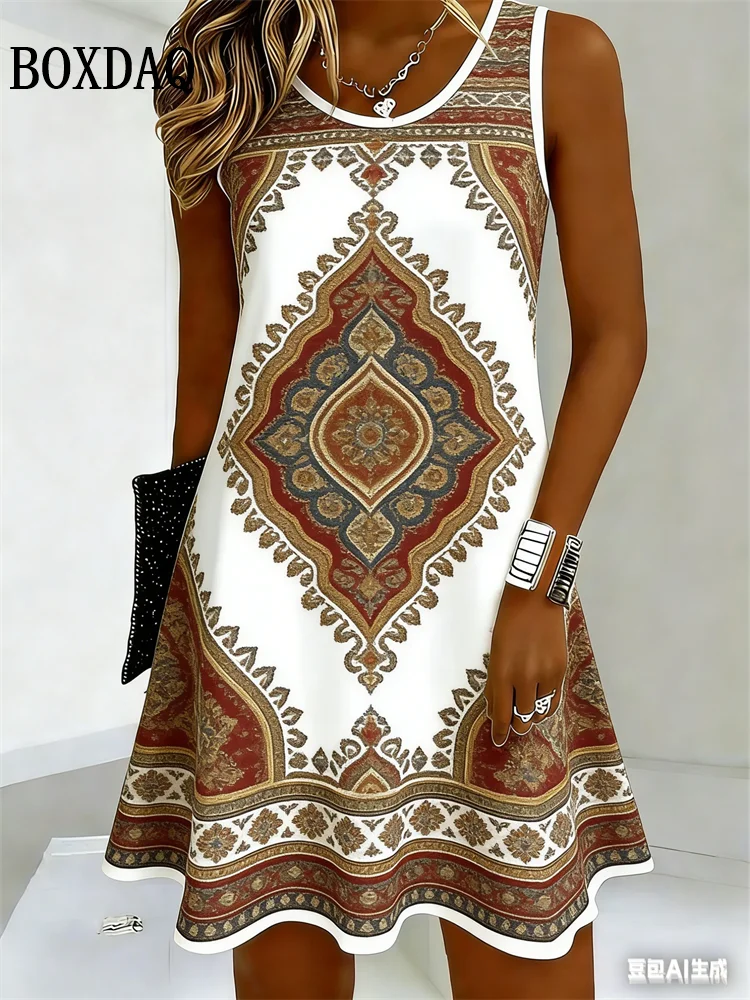 

Женское платье в этническом стиле с винтажным узором, летнее, 2026, модное, с 3D-принтом цветов, без рукавов, повседневное, свободное, на бретельках