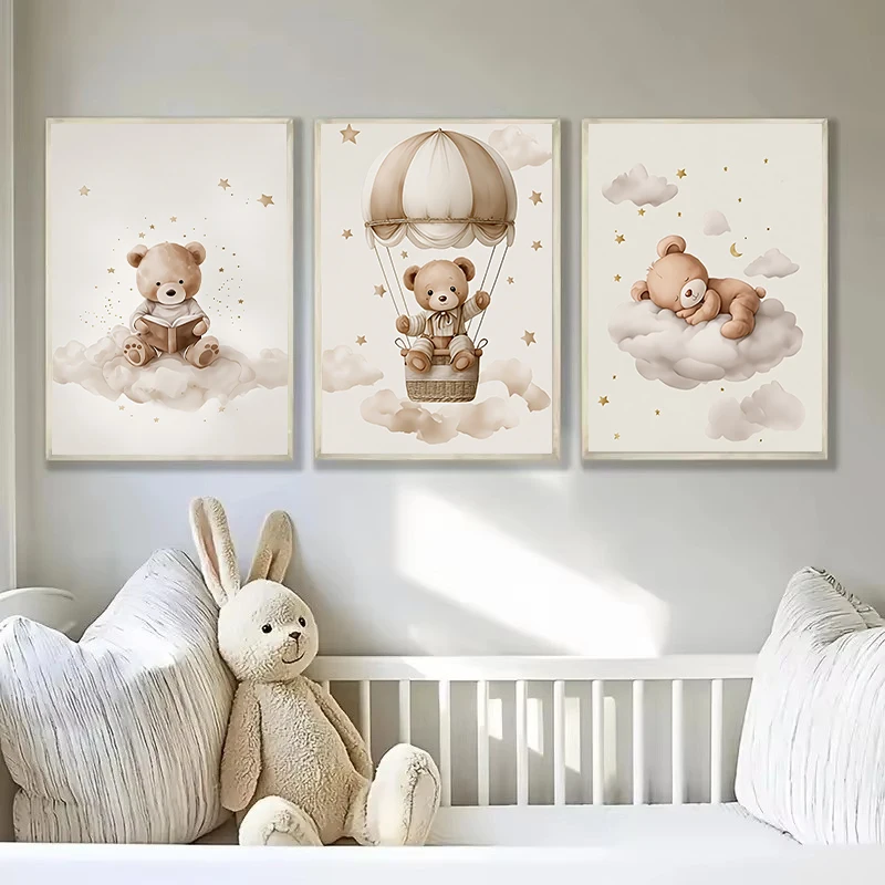 3 قطعة/المجموعة البوهيمي دمية دب الحيوان مخصص اسم الطفل الحضانة قماش المشارك ستار سحابة عيد ميلاد جدار الفن طباعة للديكور المنزل