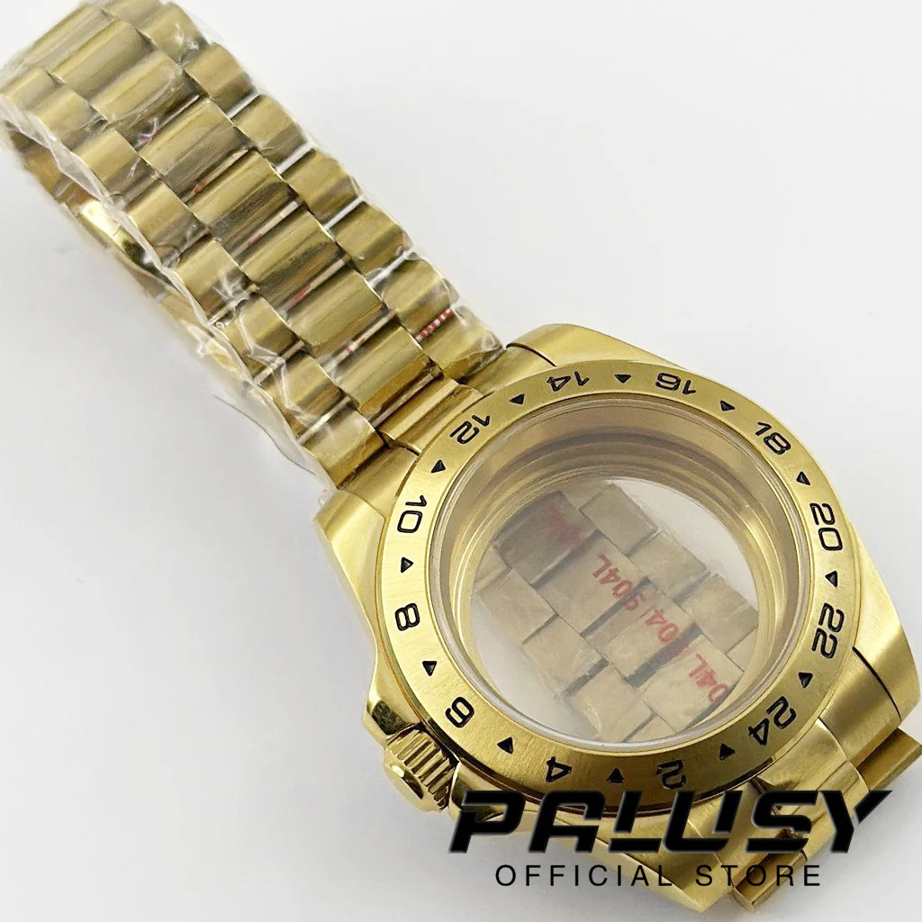 Gold EXP 24 Stunden 40 mm feste Lünette Uhrengehäuse Edelstahlarmband Saphirglas für NH34 NH35 NH36 ETA2824 Uhrwerk