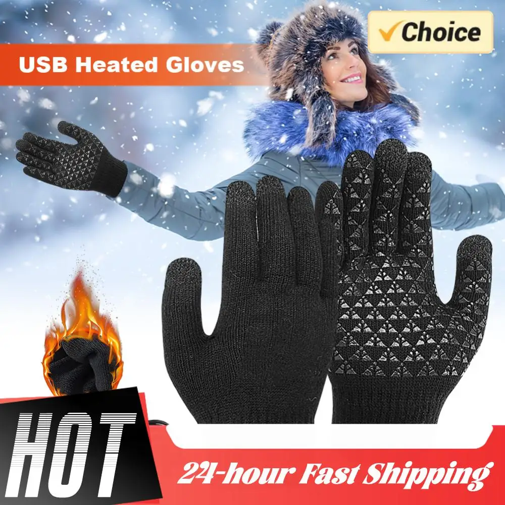 Guantes de punto con calefacción USB para invierno, guantes térmicos a prueba de viento con pantalla táctil para montar, senderismo, guantes cálidos para ciclismo con dedos completos