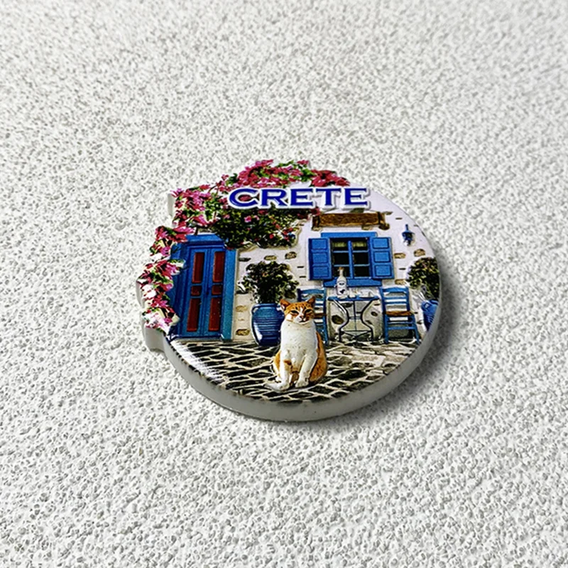 مغناطيس ثلاجة من الراتنج ثلاثي الأبعاد من كريت - مصاريع زرقاء نابضة بالحياة، فناء ساحر، قطة رائعة - هدية مثالية لديكور المنزل