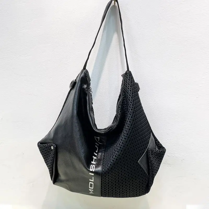 European And American Fashion Motorcycle Style Hollowed Out Mesh Cowhide Stitching Large Capacity Single Shoulder Women's Bag