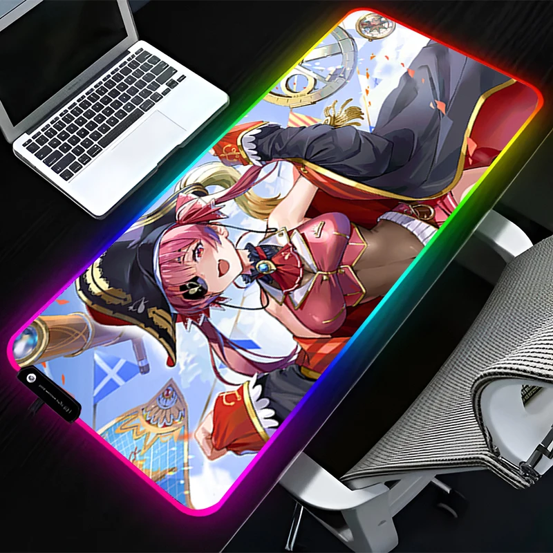 H-hololive Houshou Marine RGB LED Mouse Pad Rubber Mousepad Computer Desk Accessories Mouse Mat Keyboard Pad Non Slip Desk Mat