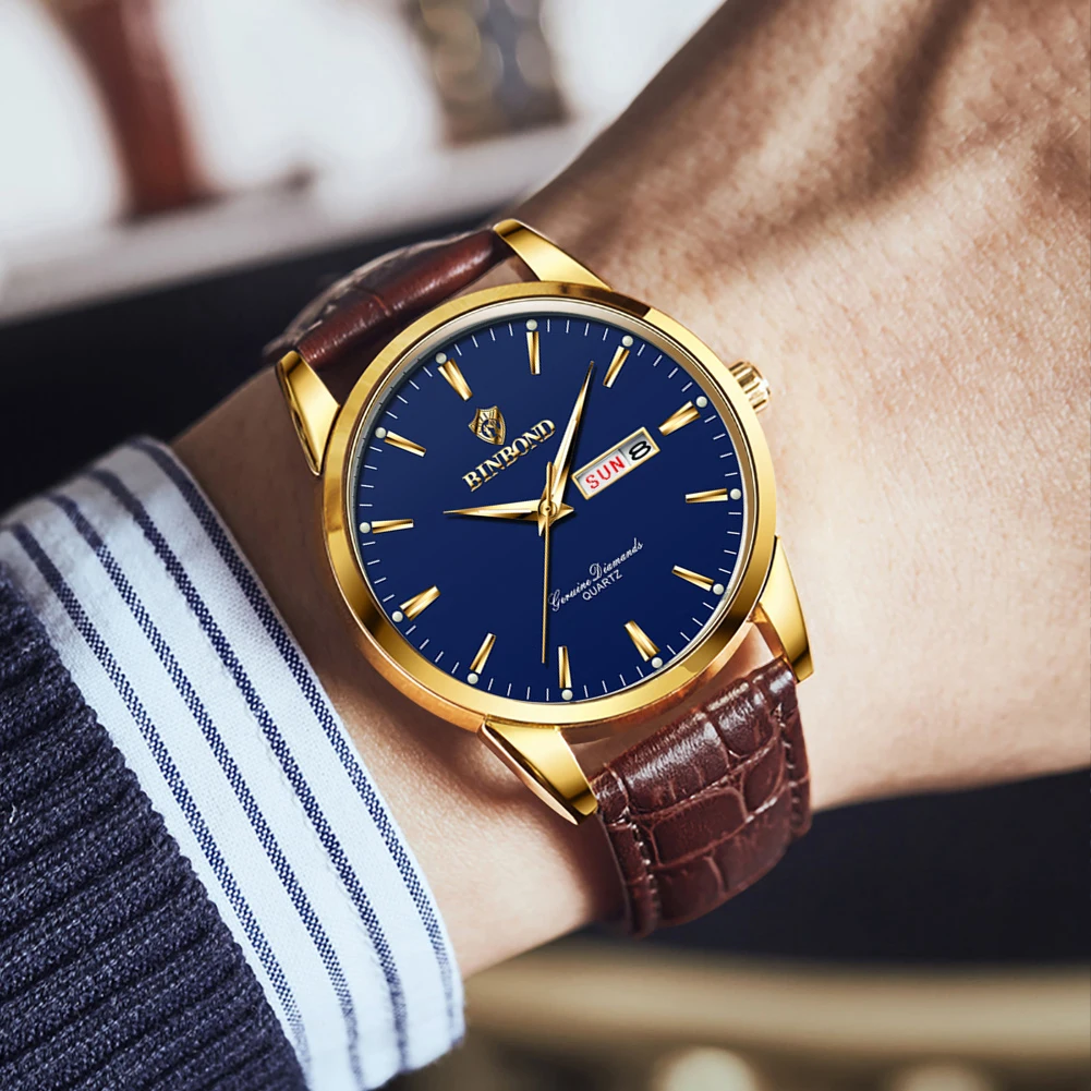 BINBOND Simple Fashion Men's Watches Leather Strap Mineral Glass Original Quartz Watch for Man Waterproof Luminous Date Week New