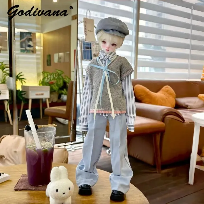 1/4 BJD Doll Clothes American Preppy College Strip Long Sleeves Blouse and Knit Vest Trousers Three-color Fantasy Daily Suit