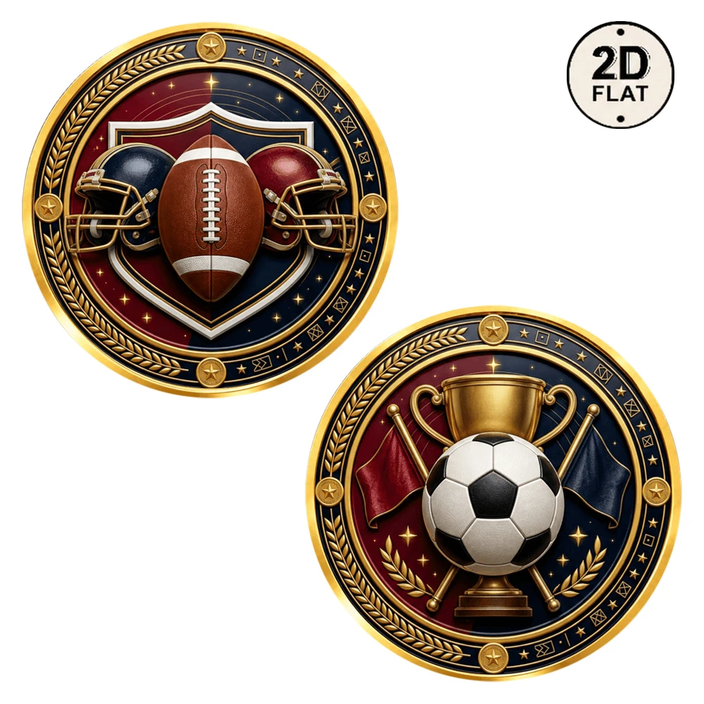 1pc American Football & Soccer 2D Print Metal Commemorative Coin Trophy Helmet Shield Collectible Medal Sports Fan Gift Souvenir