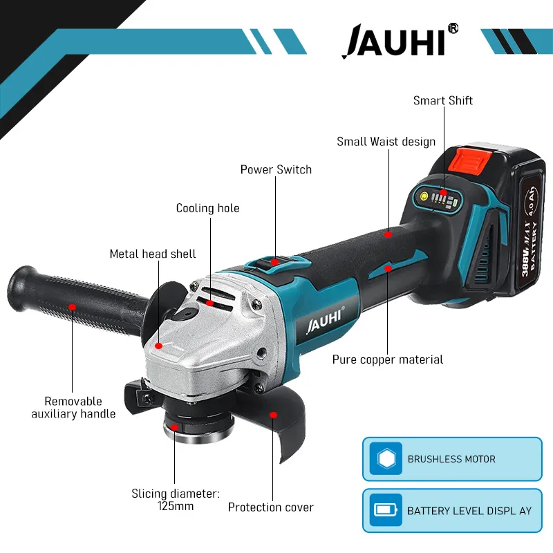 JAUHI 125MM Brushless Cordless Electric Angle Grinder 4 Speed Cutting Machine DIY Woodworking Power Tools For Makita 18V Battery