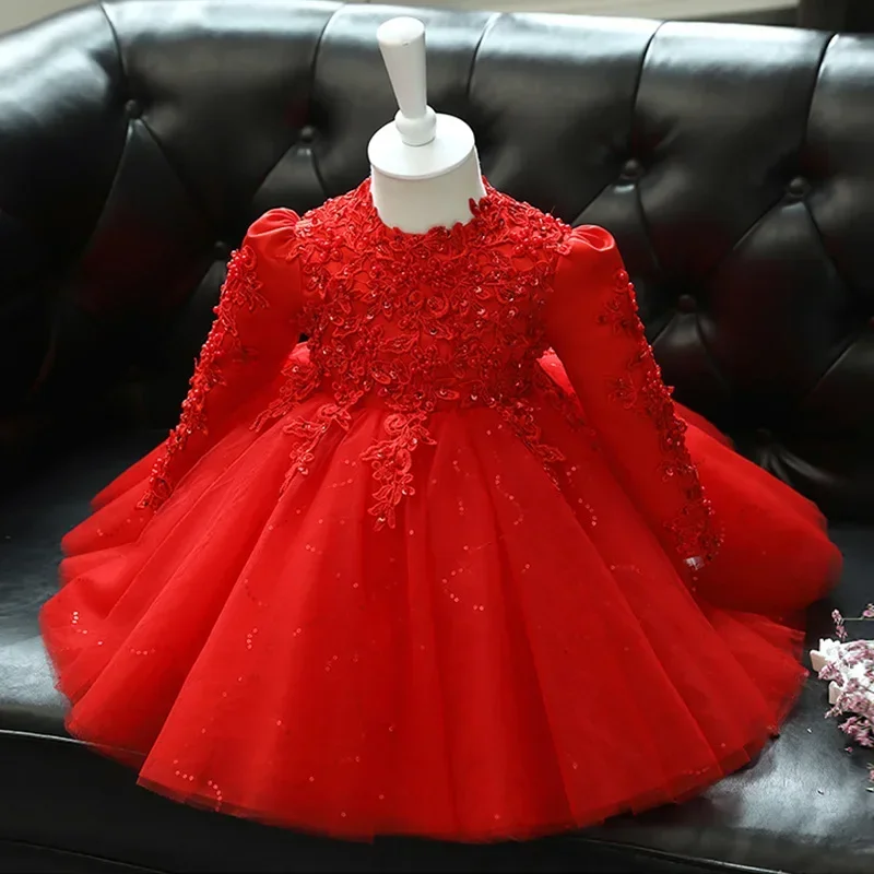 Red Flower Girl Dress for Wedding Long Sleeve Baby Girls Christmas Party Gown Beads Lace Infant Kid's 1st Year Birthday Baptism