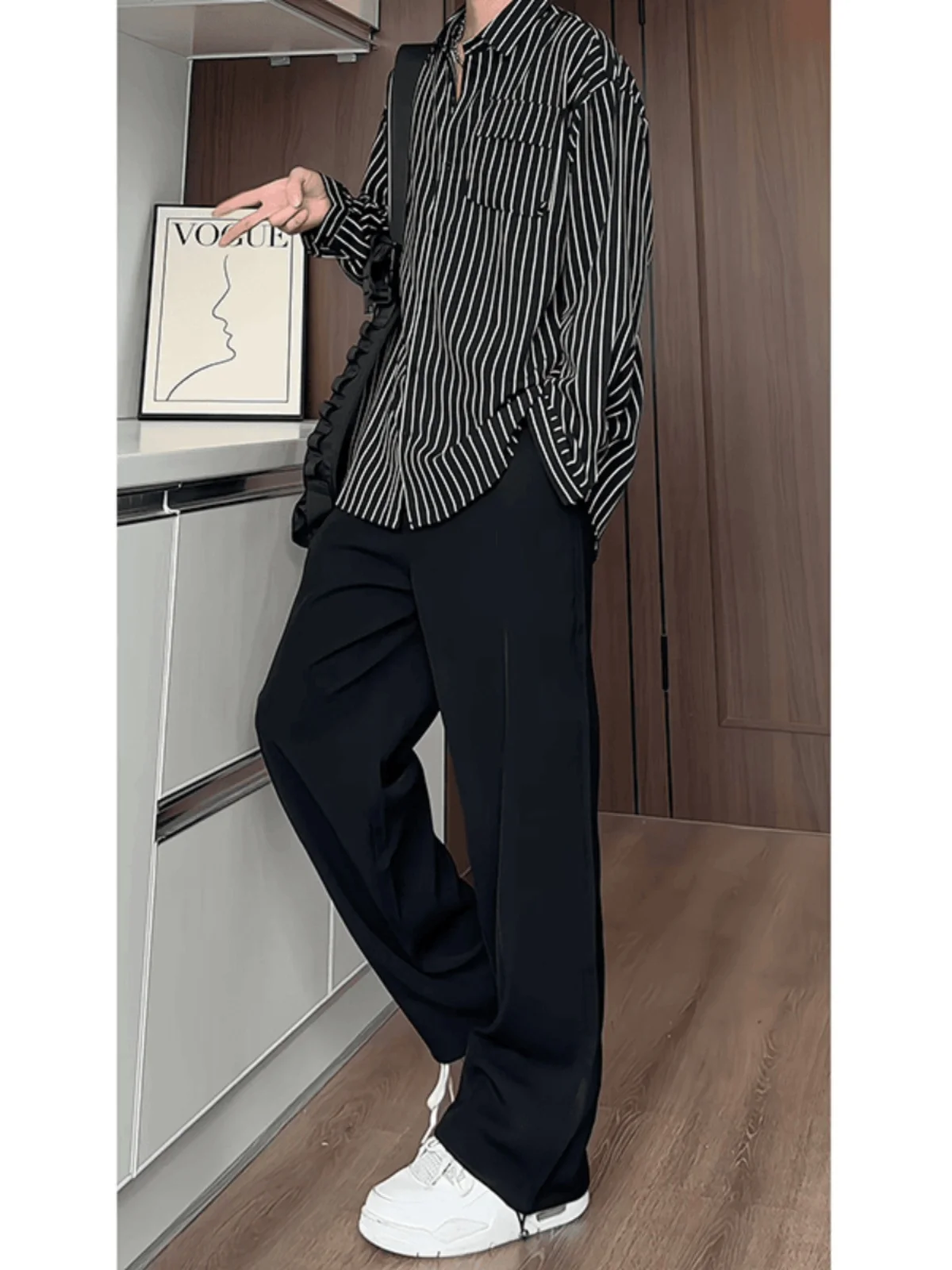 

Мужской летний костюм из ледяного шелка: рубашка и брюки, повседневный, с белыми полосками, из полиэфирного волокна, для подростков, весна, MX72MX429