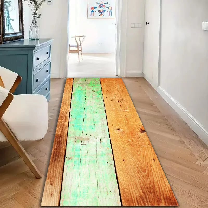 VIKAMA Distressed Green Orange Wood Plank Runner Rug, Weathered Wooden Board Long Hallway Mat Non Slip Washable Entryway Carpet - view 4