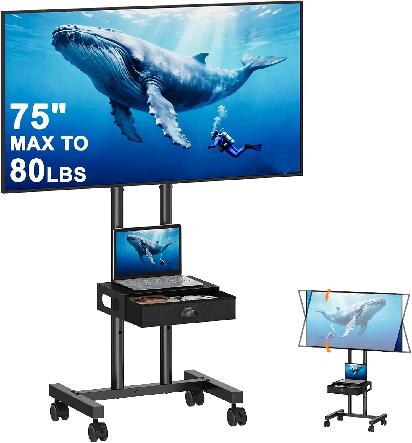 Rolling TV Stand with Drawer for 32-75 Inch TVs, Mobile TV Cart with 360° Wheels & Height Adjustable Shelf for Home & Office, Ma