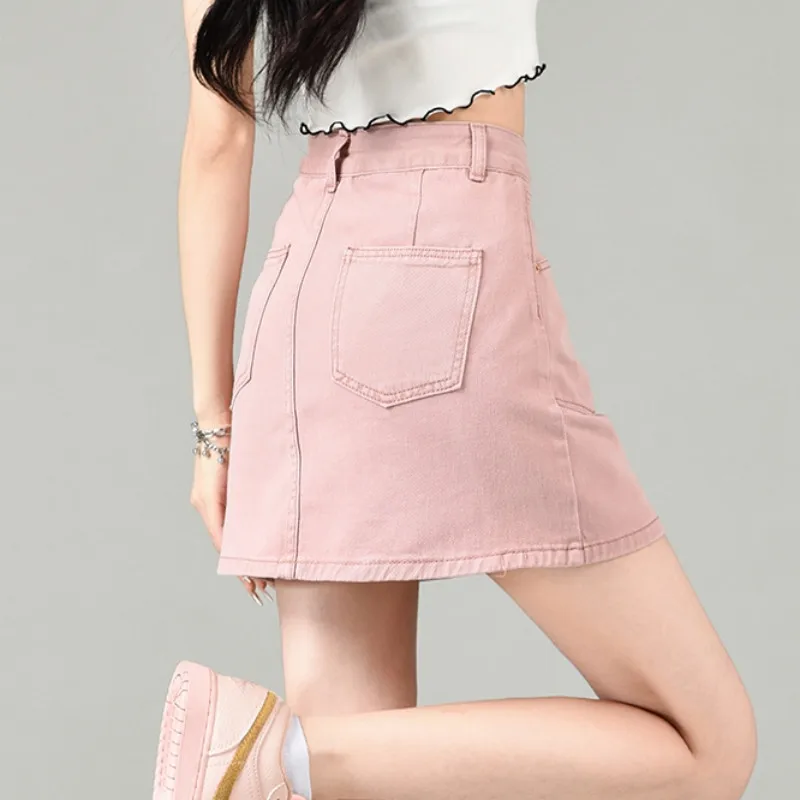 FINEWORDS Summer High Waist Vintage Pink Skirt Women A Line Denim Mini Skirt Korean Casual Streetwear Beach Jean Sexy Skirts