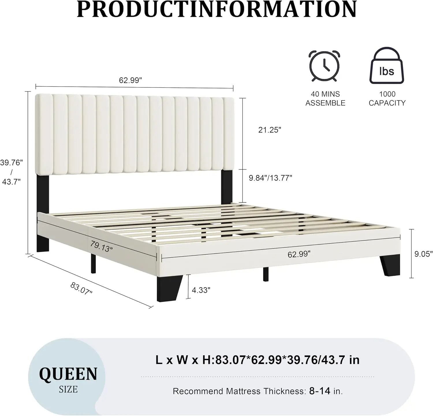 Queen Size Bed Frame, Velvet Upholstered Platform Bed with Adjustable Tufted Headboard, Sturdy Frame and Slats, Noiseless, No Bo - view 2