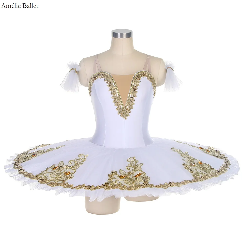 

BLL013 White Spandex Top Bodice with Gold Trim Pre-professional Ballet Tutu Adult Girls Stage Performance Costumes 6 Colors