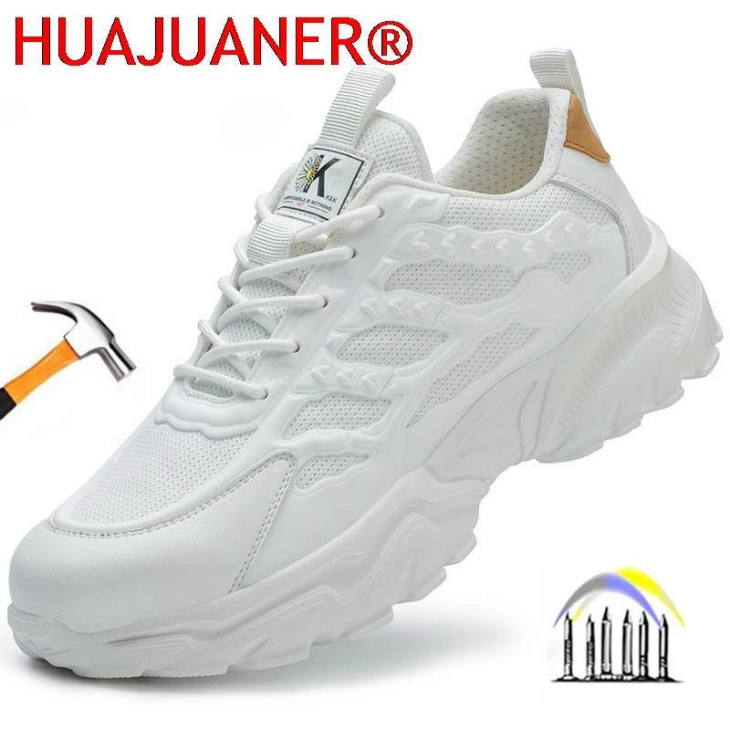 With a Steel Toe Puncture Proof Safety Work Sneakers White Work Shoes Lightweight Comfortable Safety Shoes Man Women Work Shoes