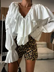 Elegant And Versatile Shirt Top Women's Autumn Design Sense V-neck Long Sleeved Solid Color Pleated Lantern Sleeve Ladies Blouse