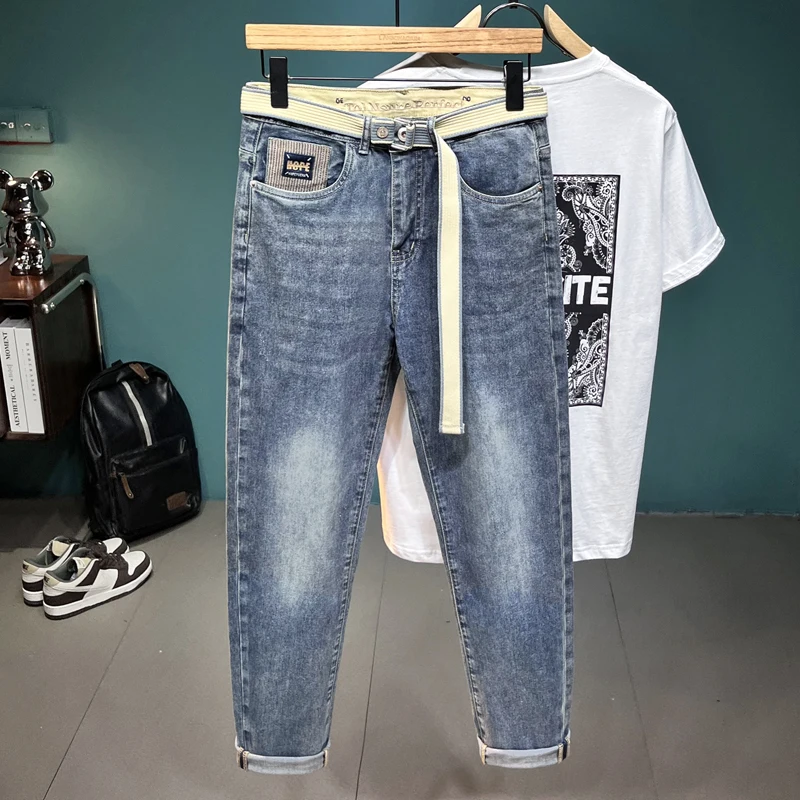 Fashion Embroidered Jeans Men's Street Versatile Trend Casual Matching Belt Spring and Summer Slim Fit Thin Pants