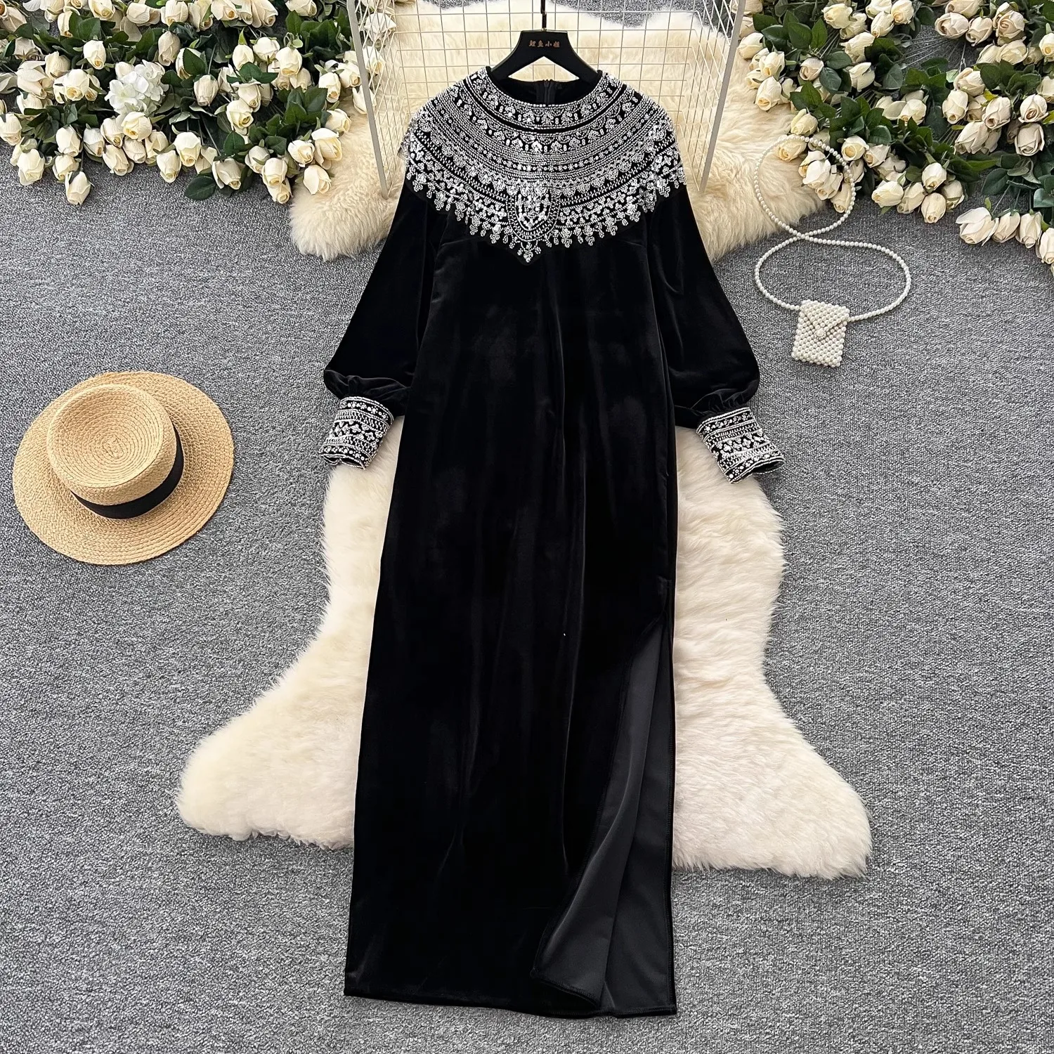 High Quality Women Solid Beaded Women O Neck Long Sleeve Loose Casual Velvet Party Office Autumn Spring Evening Dresses