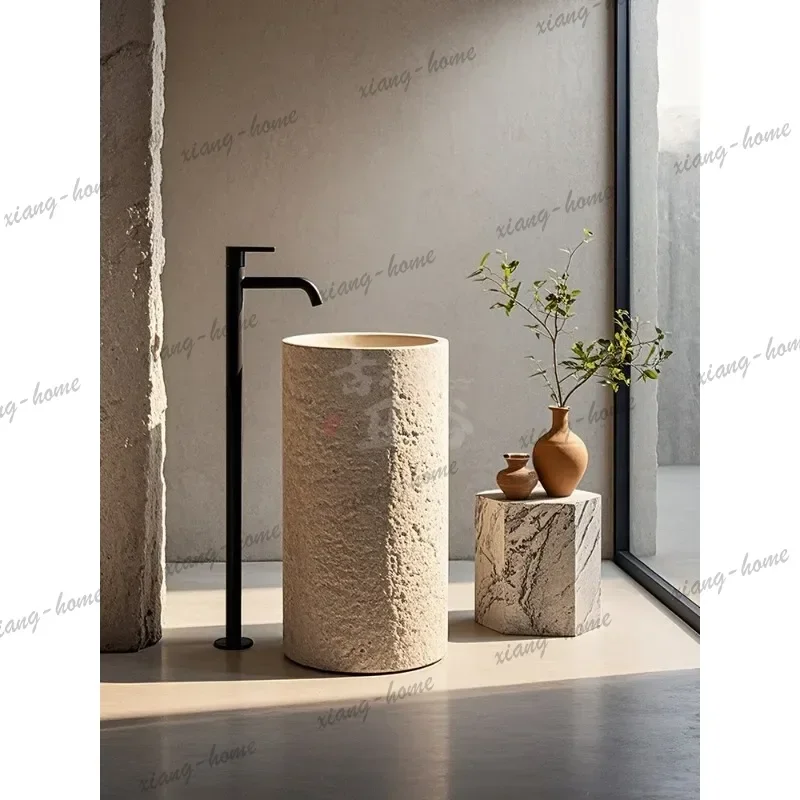 Wabi Sansan Beige Roman Travertine Marble Artificial Floor-to-Floor Washbasin