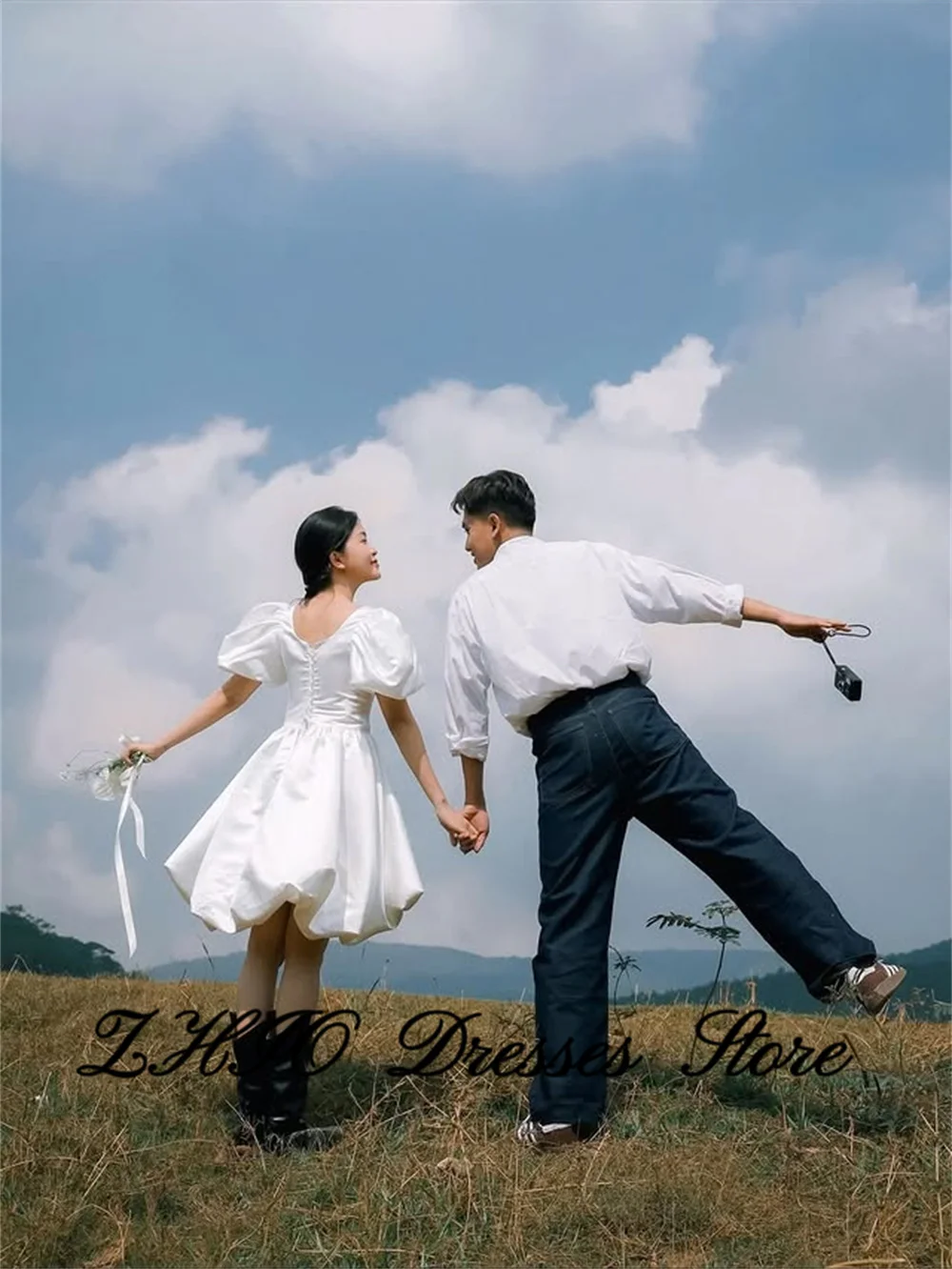 ZHIO Cute Square Collar Puff Sleeves Korea Short Wedding Dresses Satin A Line Customized Bride Photos Shoot Party Gowns