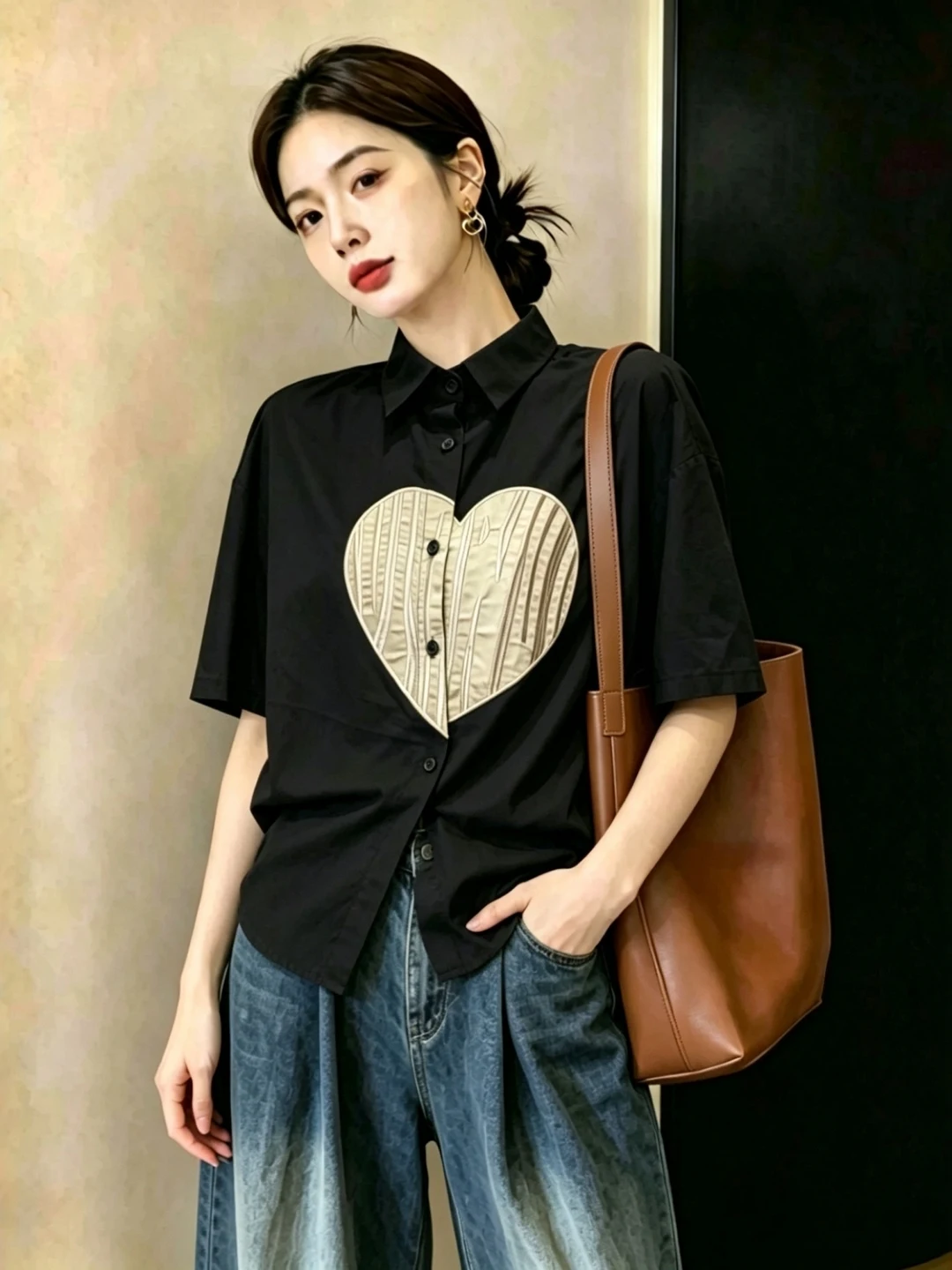 

Slimming Design Neck Short Sleeve Embroidered Base Shirt Women Summer 2026 New plus Size Fat MM Casual Breathable Top
