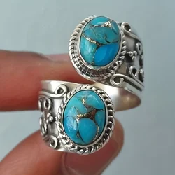 Anillo envolvente Vintage Chapado en plata, tallado delicado en la superficie, con incrustaciones de turquesa, estilo bohemio, joyería que combina con trajes diarios