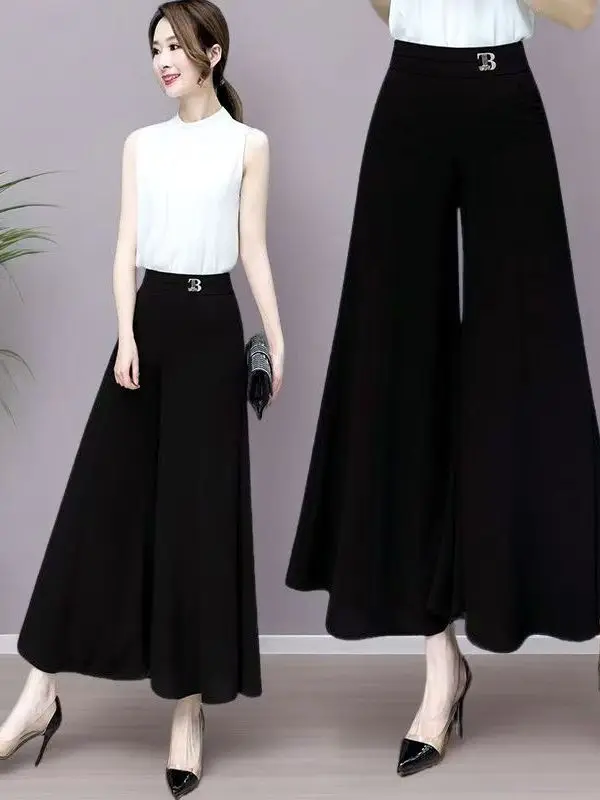 

High Waist Loose Black Wide Leg Pants Summer New Style Slimming Effect Casual Style plus Size Women's Fashion Polyester Fiber