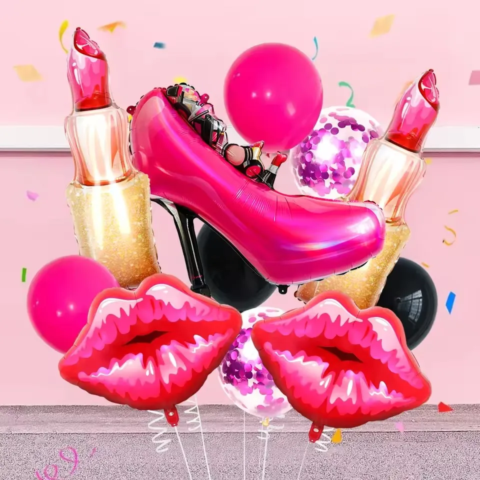 11 Uds lápiz labial globo de papel de aluminio para el Día de San Valentín decoraciones para fiesta de niñas maquillaje de cumpleaños decoraciones conmemorativas para fiesta