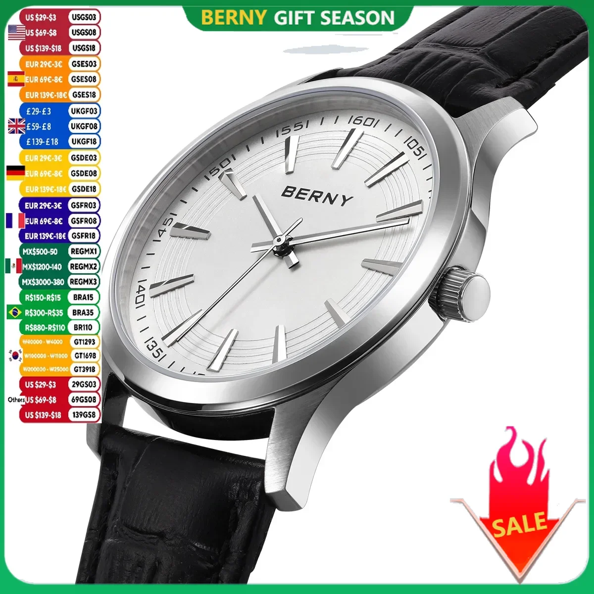 BERNY Men\'s Watches Ultra-thin Lightweight Quartz Wristwatch Stainless Steel Case Simple Casual Business Dress Men Wrist Watch