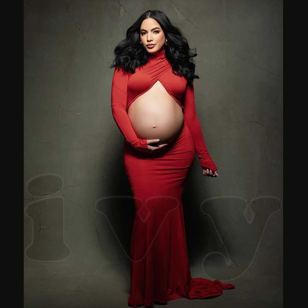 

Elegant Maternity Photoshoot Dress Hollow Elastic Fabric Red Dress Pregnancy Photography Dresses For Pregnant Women Baby Shower